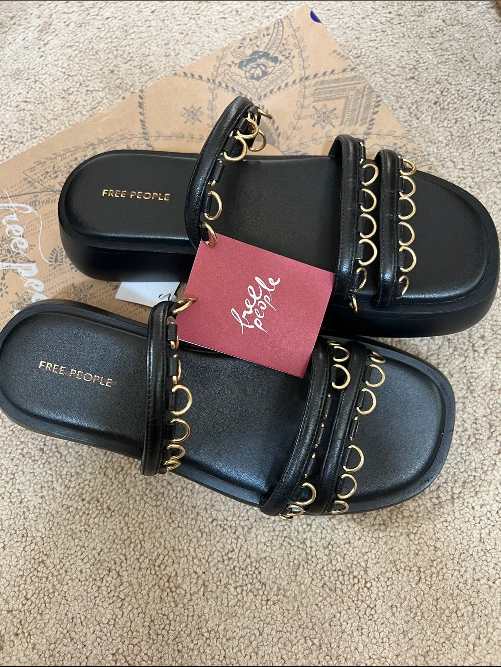 Free People Midas Touch Black Flatform Sandals with Gold Ring Trim